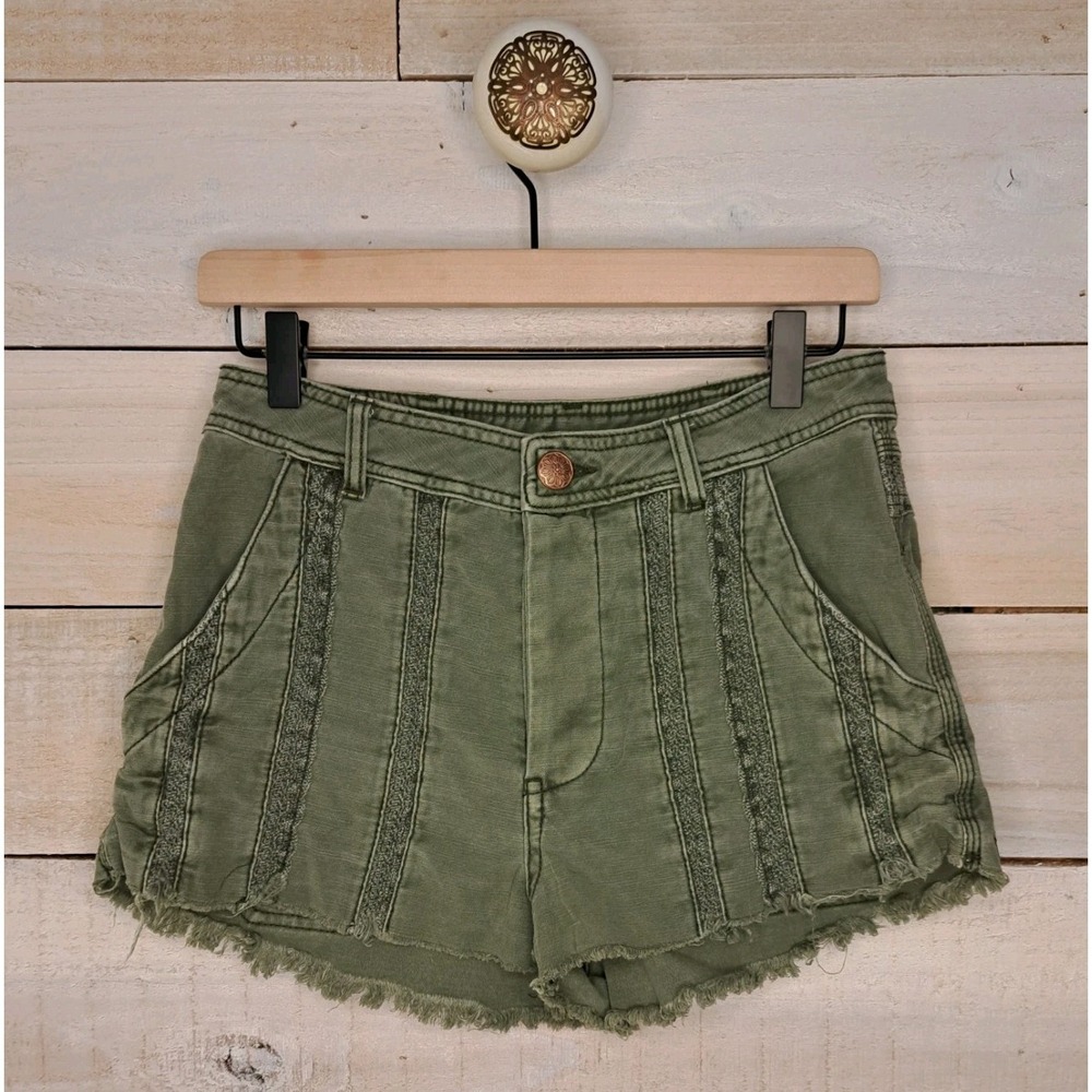 Boho Chic Cottagecore Free People Shorts‎ Women's 6 Olive Green Denim Romantic